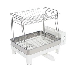 CS Living 不鏽鋼自動排水雙層餐具瀝水架, 白色