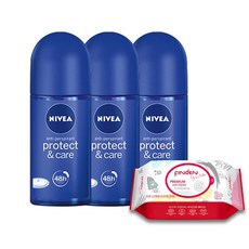 니베아 데오드란트 롤온 프로텍트 앤케어 50ml x 3p + 핀덴 물티슈, 1세트