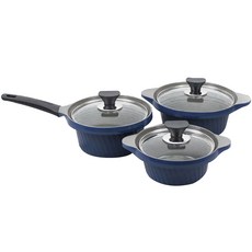 LIVING ON 流線設計石陶瓷塗層鍋具 3入組, 深藍色, 雙耳鍋16cm+20cm+單柄鍋18cm
