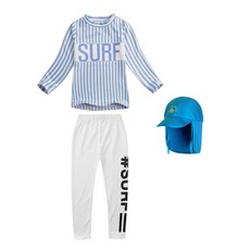 GOING KIDS 男童款條紋防曬泳衣+緊身長泳褲+遮陽帽組 1號