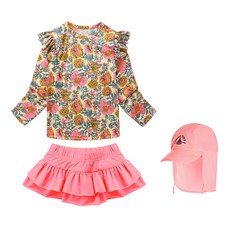 GOING KIDS 女童款花卉荷葉邊長袖泳衣+短泳裙+遮陽帽