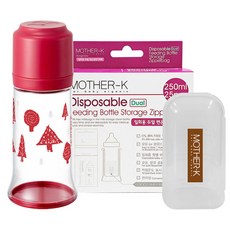 마더케이 노꼭지 젖병 250ml + 일회용 변온 젖병 비닐 60p + 젖꼭지 보관 케이스, 핑크, 1세트