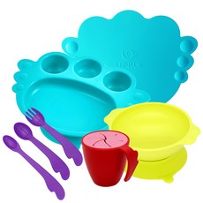 UINLUI 嬰兒矽膠吸附式餐具組, 10種餐具, 水藍色