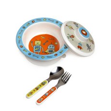 Sugar Booger 吸盤式餐碗組, 機器人款, 碗+蓋子+防滑底座+湯匙+叉子, 1組