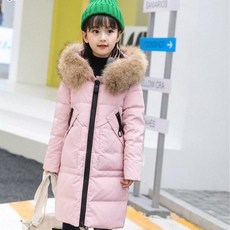 童款雙口袋毛領連帽長版鴨絨外套