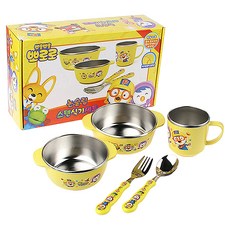 Pororo 淘氣小企鵝 防滑不鏽鋼餐具5件組, 混合色, 1套, 飯碗 + 湯碗 + 杯子 + 湯匙 + 叉子