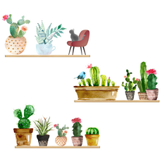 WA. WALL ART 防水PVC無痕設計壁貼 花草/盆栽/仙人掌 FX64047, 彩色