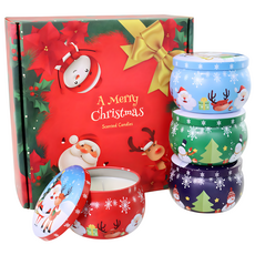 凱達國際興業有限公司 聖誕鐵罐香氛蠟燭禮盒4件組, 有花瓣, 香草 + 薰衣草 + 玫瑰 + 枸杞塔羅科血橙