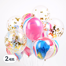 PARTYHAE 大理石紋五彩紙屑氣球 15入 + 手動打氣筒 隨機出貨 + 緞帶 + 海綿點膠 套組, 彩虹, 2套