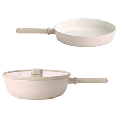 NEOFLAM 台灣原廠公司貨 經典ChouChou咻咻系列鑄造2鍋組, 炒鍋30cm + 玻璃蓋 + 平底鍋28cm, 奶茶色, 1套