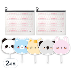 動物朋友扇子 5入 + 透明多功能收納包 大號 2入 組合, 隨機出貨(扇子), 粉紅色(收納包), 2套