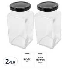 홈앤라이프 유리 양념통 사각 블랙캡 세트, 2세트, 300g 2p + 투명스티커(설탕 + 고춧가루)