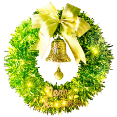 摩達客 金蔥彎絲聖誕花圈 + 20燈LED暖白光燈串, 時尚果綠系, 1個