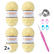 미소털실 수세미실 4p + 크로셰바늘 랜덤발송 + 단수핀 랜덤발송 4p + 뜨개반지링 세트, 56 레몬요거트(수세미실), 2개