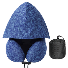 咪咪購物 飛機枕/連帽頸枕/脖子枕頭/護頸枕/旅行頸枕 戴帽款 + 收納袋, 深藍色