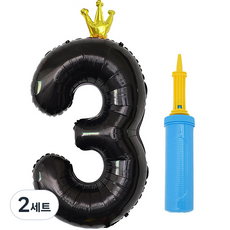 J-BALLOON 鋁箔皇冠數字氣球 大 3 + 手動打氣筒組合, 2套, 黑色(氣球), 顏色隨機出貨(手動打氣筒)