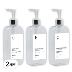 뉴앤룩 욕실 디스펜서 주방세제 리필용기 실버펌프 300ml x 3p + G샴푸 바디워시 컨디셔너 라벨 3종 세트, 투명, 2세트