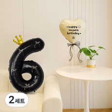 피앤비유니티 레터링 왕관 숫자 리본 풍선세트, 블랙앤크림 6, 2세트