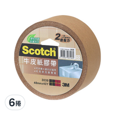 3M Scotch 牛皮紙膠帶 48mmx40Y，一般OPP膠帶的2倍黏力, 可手撕，適用封箱用，可用麥克筆書寫, 3039, 6捲