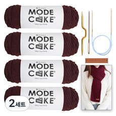 니뜨 모드케이크 뜨개실 100g x 4p + 폴 케이블 머플러 도안 + 줄바늘 6mm + 꽈배기바늘 + 돗바늘 + 심플직사각라벨 세트, 2세트, 07브라운