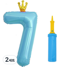 joyparty 鋁箔皇冠數字氣球 大 7 + 手動打氣筒組, 2套, 藍色(氣球), 顏色隨機出貨(手動打氣筒)