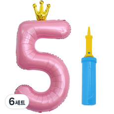 J-BALLOON 鍍銀皇冠數字氣球 大 5 + 手動打氣筒組合, 6套, 粉紅色(氣球), 顏色隨機出貨(手動打氣筒)