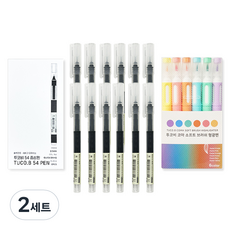투코비 54 생잉크 중성펜 0.5mm 12p + 투코비 코마 소프트 브러쉬 형광펜 6색, 2세트, 블랙(중성펜), 6색(형광펜)