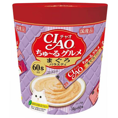 INABA CIAO 啾嚕 肉泥 鮪魚口味大滿足美味組合 SC-139 60本入, 鮪魚 + 正宗高湯/鮪魚 + 柴魚片 + 干貝/鮪魚 + 吻仔魚 + 干貝, 840g, 1桶