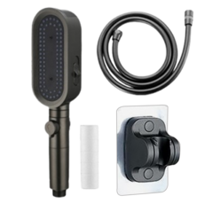 三段增壓過濾蓮蓬頭套裝 附1濾心 + 1.5m防爆軟管 + 底座, 槍灰色, 1組