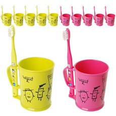 加寬雙人牙刷杯2p+牙刷2p套組粉色+黃色3-5歲, 5組