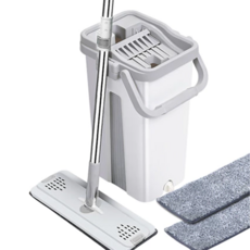 雙折式平板拖把, 乾溼可用, 輕鬆除塵, 有效吸水, 360度方向旋轉, 清潔無死角, 拖把33 x 12 x 127cm 桶子42 x 24 x 22cm, 1組