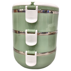 可疊手把3層便當盒 綠色 優質不鏽鋼/PP 2100ml, 1組