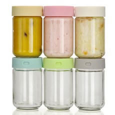 미르코리아 헥사 얌얌 실리콘뚜껑 + 원형 이유식 유리 밀폐용기 200ml 6종 세트, 혼합색상, 1세트