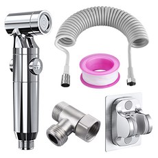 Cheriel 浴室 廁所 陽台 噴槍 + 免鑽孔 支架 + T字型 連接閥 + 彈簧 伸縮軟管 組, 單一顏色