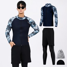 AQUATICA 男款拉鍊式防曬長袖泳衣+假兩件式短褲內搭長褲 AQAMAO-PL+彈性泳帽組