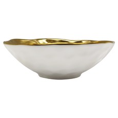 Homely Zakka 北歐輕奢風錘紋鍍金邊不規則陶瓷餐具 飯碗 15.5 x 5cm 210g, 啞光白色+霧金邊, 1個