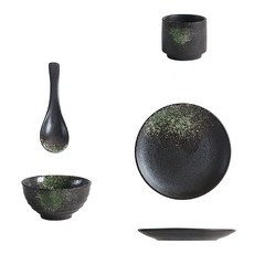 上手家居 復古日式餐具4件組, 竹韻, 1組, 陶瓷碗 + 陶瓷盤 + 陶瓷杯 + 陶瓷勺