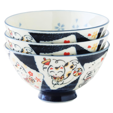 JUST HOME 日本製美濃燒5吋飯碗3件組 12 x 6.5cm, 招福招財貓 白色 + 青色, 1組
