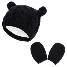 歐美風寶寶保暖帽手套組 - 帽子+手套, L(頭圍36~46cm), 黑色
