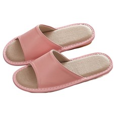 真皮頭層牛皮配亞麻防滑室內拖鞋 LS38, 淺粉色, 1雙