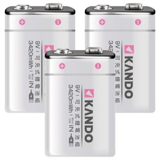 Kando 方型USB充電式鋰電池 UM-9V 9V充電電池 3420mAh, 3個