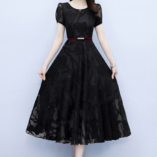 ATTERLIC 女款透視腰帶修身雪紡連身裙 02344, 黑色