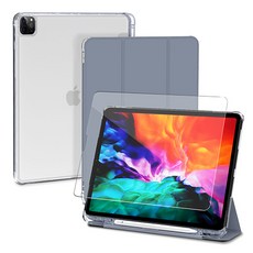 SINJIMORU iPad 透明保護殼 可收納Apple Pencil + 鋼化玻璃 2片, 薰衣草紫, 1個
