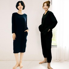 테라우드 나라라 여성용 홈 이지웨어 라운드넥 원피스 + 브이넥 파자마 상하의 세트