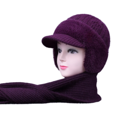琪波波 寒冬保暖滑雪防寒帽 + 圍巾套組, 深紫色, 1套