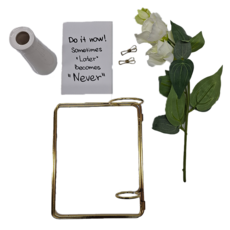 éclat 創意北歐桌上迷你盆栽萬用擺設, 框架21x31.5cm, 花高24-37cm, 金色+白色洋桔梗, 1個