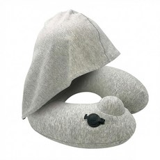 OMORY 連帽按壓充氣頸枕 附收納袋 灰色 舒適親膚材質, 30 x 32 x 12cm