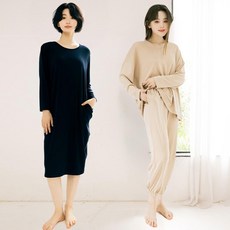 테라우드 여성용 테라라 홈 이지웨어 라운드넥 원피스 + 브이넥 상하의 세트