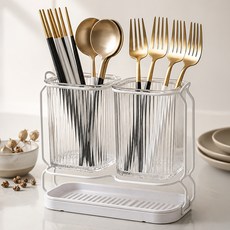 마메 물빠짐 심플 2구 수저통, 화이트, 1개
