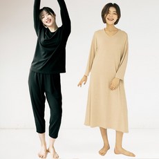테라우드 여성용 테라라 홈 이지웨어 라운드넥 상하의 + 브이넥 원피스 세트